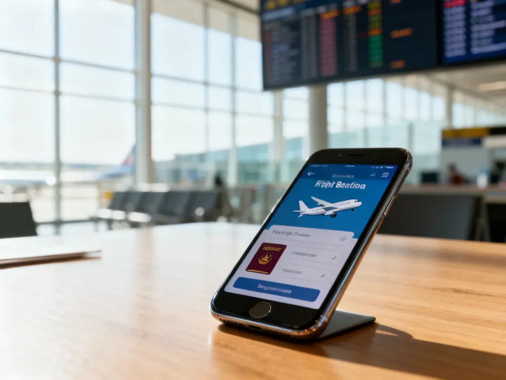 Smartfon z interfejsem rezerwacji lotu na drewnianym biurku, w tle rozmyta tablica odlotów na lotnisku.